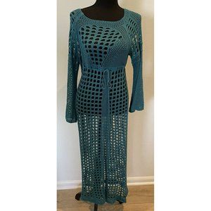 Blue Crochet Long Sleeve Maxi Dress Cover Up High Slit Boho